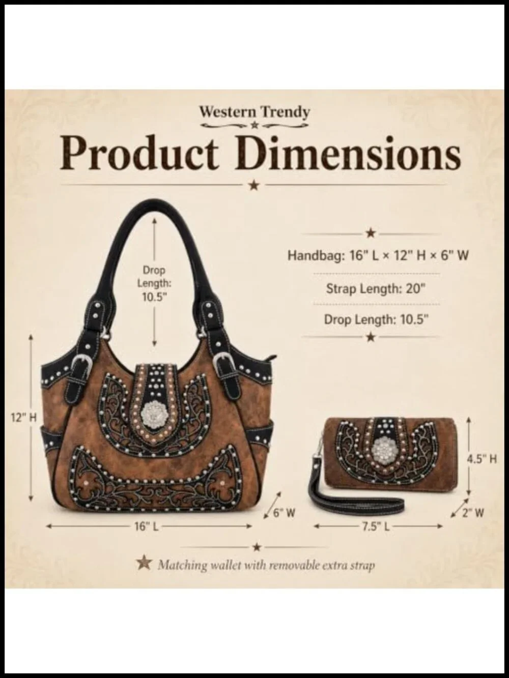 Studded Faux Leather Western Satchel Purse with Matching Wallet, Rhinestone